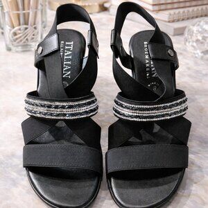 Italian Shoemakers Gorgina Wedge Sandals Black Rhinestone Comfort 8.5M NIB NEW
